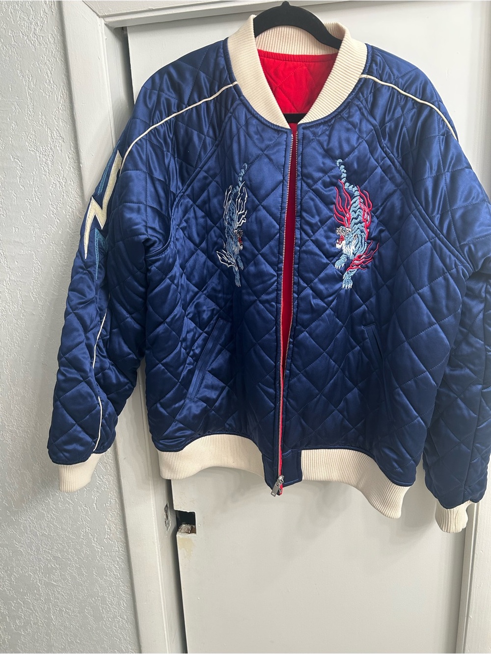 Navy Quilted Satin Bomber Jacket with Embroidered Dragon Detail